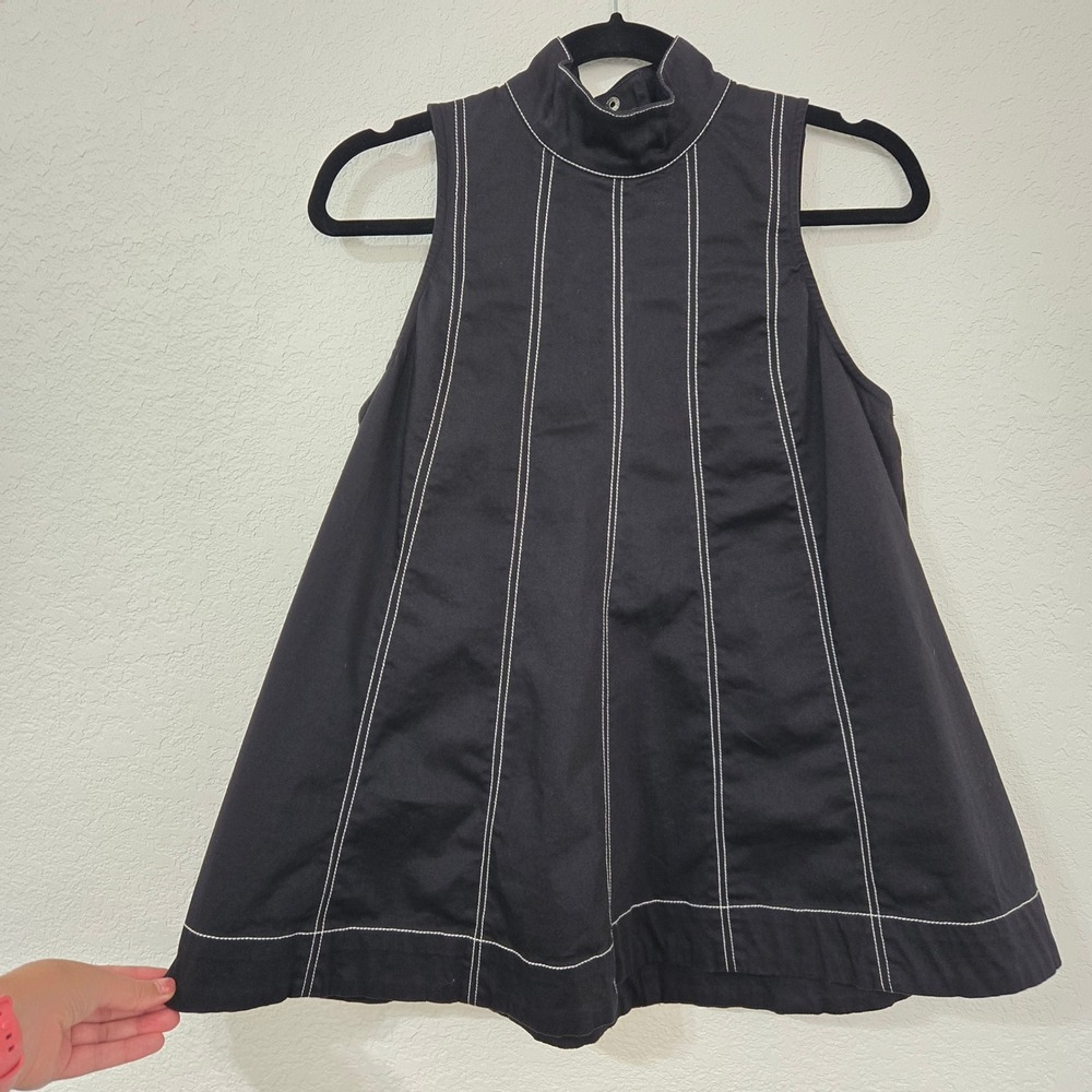 Maeve S Mock-neck Seamed Swing Tank Top Black White Stitching Detail Boxy Casual